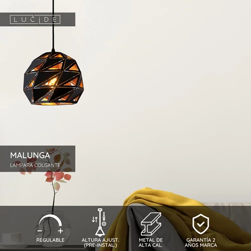 Lucide MALUNGA - Lámpara colgante - Ø 25 cm - 1xE27 - Negro - USP